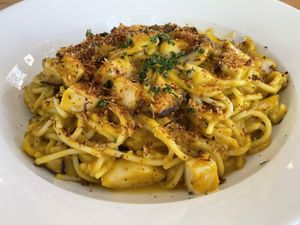 Vegan pumpkin carbonara with coconut bacon, 190 baht  at Hua Hin Vegan Cafe and Wine in Hua Hin