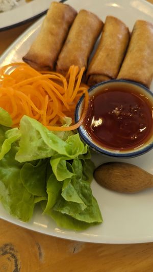 Spring rolls with carrot dip at Hua Hin Vegan Cafe and Wine in Hua Hin