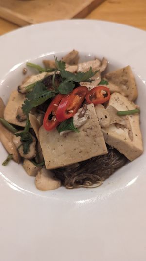 Mushroom tofu noodles with ginger and garlic at Hua Hin Vegan Cafe and Wine in Hua Hin