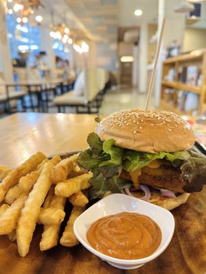Yellow tofu burger (190 THB)  at Hua Hin Vegan Cafe and Wine in Hua Hin