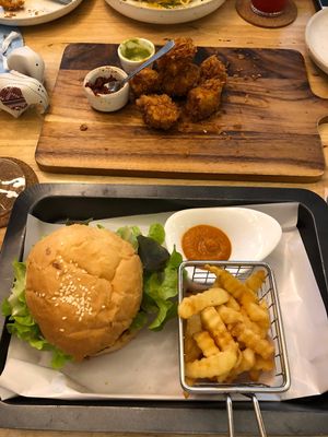 BBQ Jackfruit burger with fries, plus tofu nuggets at Hua Hin Vegan Cafe and Wine in Hua Hin