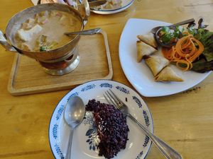 Massaman curry and samosas at Hua Hin Vegan Cafe and Wine in Hua Hin