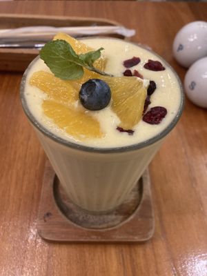 Yellow sunshine smoothie  at Hua Hin Vegan Cafe and Wine in Hua Hin