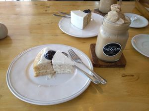 Carrot an vanillia cake with iced coffee at Hua Hin Vegan Cafe and Wine in Hua Hin