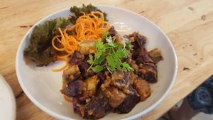 Japanese Sweet Potato & Peanut Sauce. I would not order again. Very dry, chalky potato with thick peanut butter. Couldn't eat it. Chewy and thick.  at Hua Hin Vegan Cafe and Wine in Hua Hin