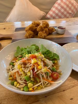 Green papaya salad & Crispy tofu  at Hua Hin Vegan Cafe and Wine in Hua Hin