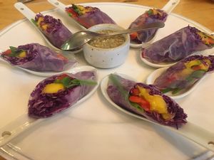 Mango spring rolls with almond soy sauce. Delicious and fresh! at Hua Hin Vegan Cafe and Wine in Hua Hin