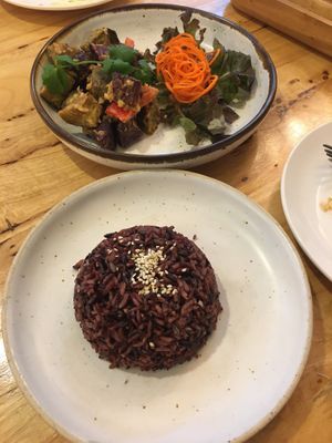 Spicy peanut dip over sweet potato and rice - sweet potato here is yam, not the orange sweet potato.  at Hua Hin Vegan Cafe and Wine in Hua Hin