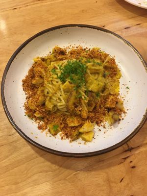 Pumpkins carbonara and coconut bacon - coconut bacon is tasty! at Hua Hin Vegan Cafe and Wine in Hua Hin