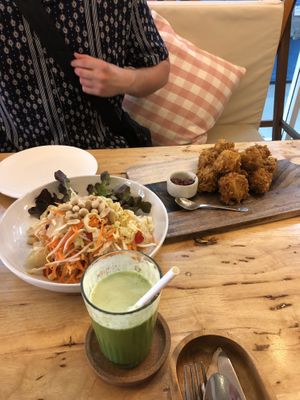 Pomelo salad and huge portion of tofu nuggets at Hua Hin Vegan Cafe and Wine in Hua Hin