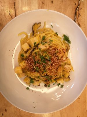 Pumpkin carbonara with coconut bacon at Hua Hin Vegan Cafe and Wine in Hua Hin