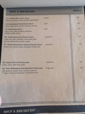 Soup and breakfast menu at Hua Hin Vegan Cafe and Wine in Hua Hin