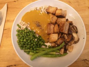 Tofu Triyaki Salad with pumpkin cream sauce - sooo good at Hua Hin Vegan Cafe and Wine in Hua Hin