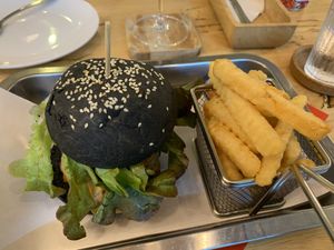 Great jackfruit burger with vegan cheese at Hua Hin Vegan Cafe and Wine in Hua Hin