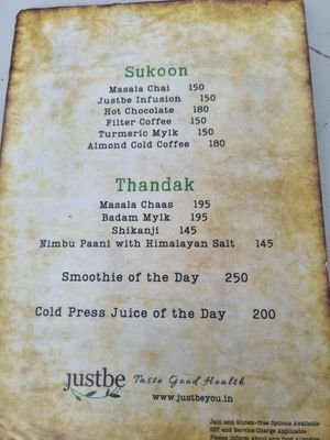 Drink menu at Justbe by Nidhi Nahata in Bangalore