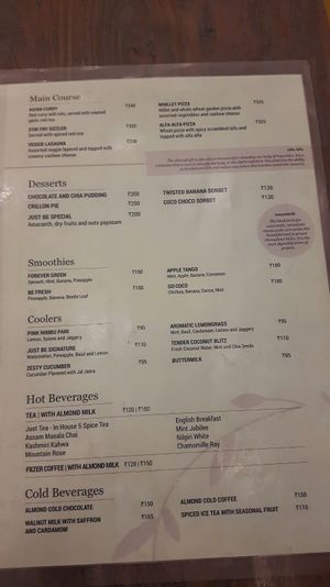 Menu at Justbe by Nidhi Nahata in Bangalore