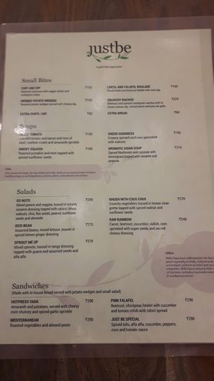 Menu at Justbe by Nidhi Nahata in Bangalore