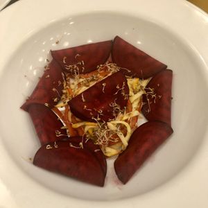 Beetroot and Ricotta Ravioli  at Justbe by Nidhi Nahata in Bangalore