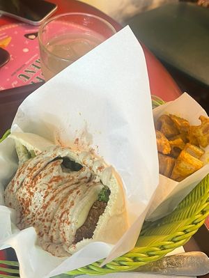 Half pita so covered in hummus there is not much to seee  at Falafel Brothers - Minato in Tokyo