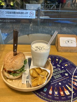 Mediterranean style burger, fried lotus and tahini shake    at Falafel Brothers - Minato in Tokyo