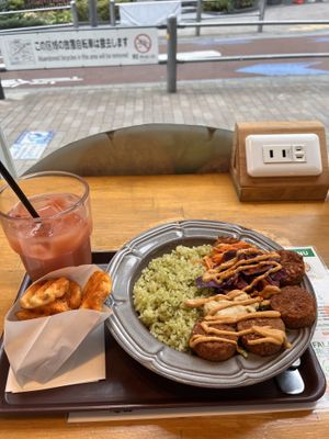 Guava juice, waffle fries and Mediterranean falafel rice bowl  at Falafel Brothers - Minato in Tokyo