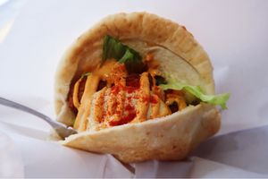 Chose the spicy tahini sauce, delicious! at Falafel Brothers - Minato in Tokyo