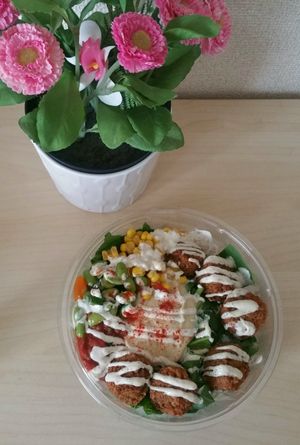 [Take Out] Salad Bowl: Falafel, cabbage, hummus - includes a base of your choice (kale, lettuce, spinach), three toppings of your choice, and a sauce of your choice. 美味しい買った!! at Falafel Brothers - Minato in Tokyo