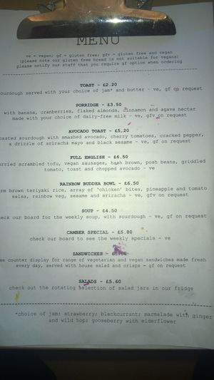 Menu at Camber Coffee in Newcastle Upon Tyne