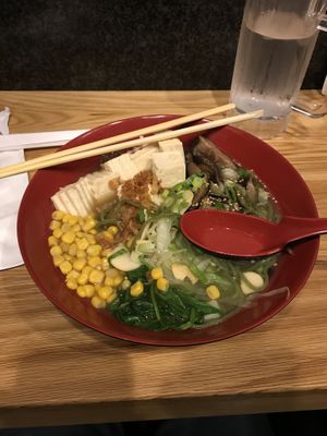 Veggie base broth with shroom tofu and corn at Kao Ramen in Ventura