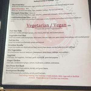 vegetarian/vegan section of menu at Ahan Thai Kitchen in Fernandina Beach