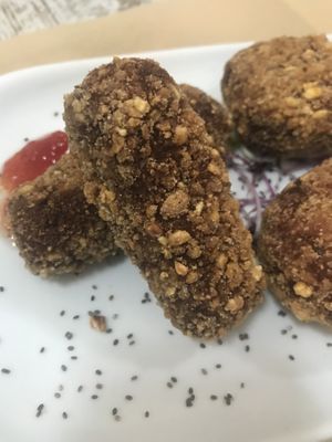 Croquetas with red cabbage and spinach (pumpkin not vegan!). at Chef Momo in Cartagena