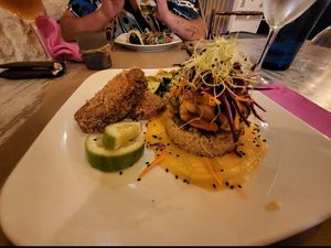 Crispy seitan fillet with pumpkin sauce at Chef Momo in Cartagena