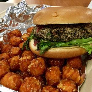 Quinoa burger with cranberry relish and sweet potato tots at Pit Stop Taproom & Pub in Burien