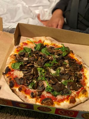 We made a vegan mushroom lovers pizza (spinach, garlic, extra mushrooms)  at Your Pie in Indio