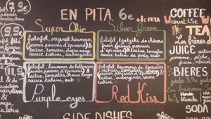 List of pitas and dishes. Vegan options are marked with a small (V). at Green Lab in Montpellier