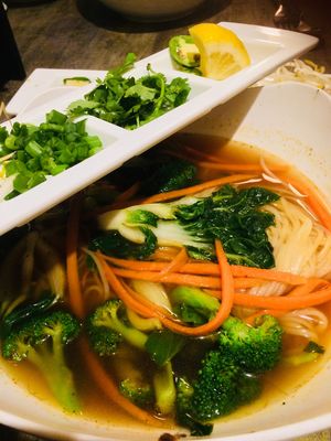 Vegan noodle soup with veggies at The Soup Spoon in Rochester