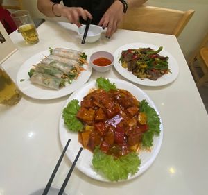  summer rolls,  vegan RIBS, beef with celery garlic and pineapple (back right)   at Loving Hut - Ba Dinh in Hanoi
