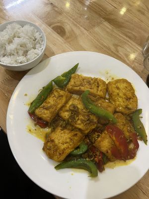 Lemongrass and chili fried tofu.  at Loving Hut - Ba Dinh in Hanoi