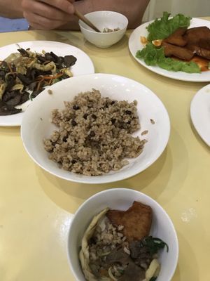 Fried beef & mushrooms, bbq chicken - yum! at Loving Hut - Ba Dinh in Hanoi