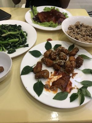 Battered “shrimp”, bbq “chicken”, brown rice and seasonal greens (morning glory) at Loving Hut - Ba Dinh in Hanoi