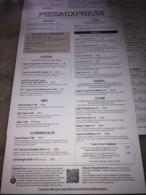 vegan menu - side one  at Pizza Express in Wokingham