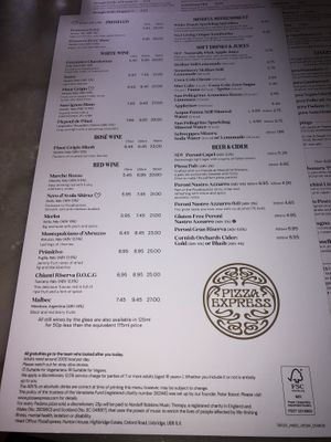 vegan menu - side 2 - drinks   at Pizza Express in Wokingham