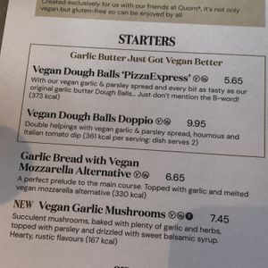 vegan menu - starters   at Pizza Express in Wokingham