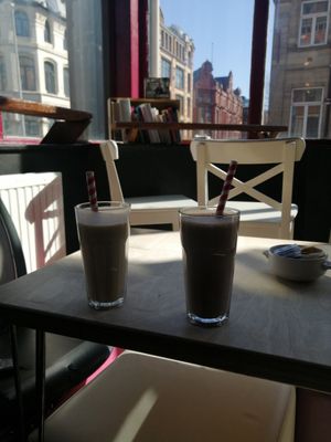 One on left has been started, husband couldn't wait for me to snap a quick pic! We had a salted caramel shake and a chocolate banana one, both vegan and delicious! at Ginger's Comfort Emporium in Manchester
