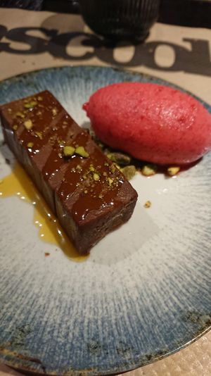 Brownie with raspberry sorbet at Bascook in Bilbao