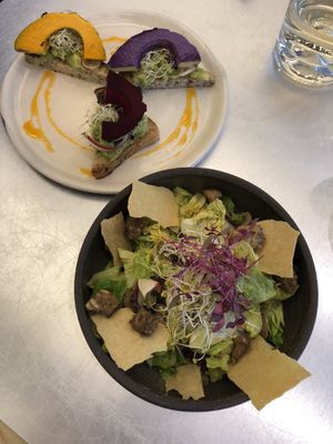 Cesar salad and avo toast at Essence Cuisine in East London