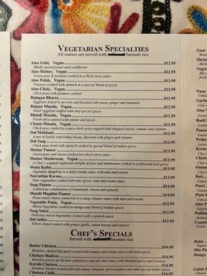 One part of the menu with lots of Vegan labeled dishes  at Taste of India  in Staunton