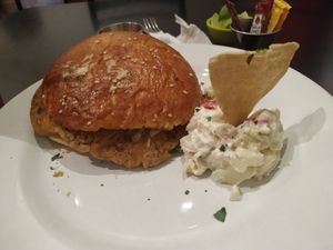 Hamburguesa de soya con ensalada de papa at Santo Cafe in Guanajuato