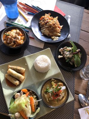 The set vegan tapas lunch + two dishes from the kids’ menu at Giggling Squid in Reigate