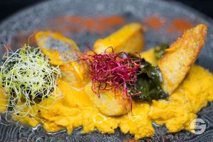 Glazed tempeh - pieces of fermented soya beans glazed with orange juice & poppy seeds , served with rice, tandoori cauliflower puree and home made sweet and sour sauce at MU-Food in Geneva